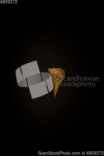 Image of Golden icecream waffle on a black background, stylish minimalistic composition with copyspace