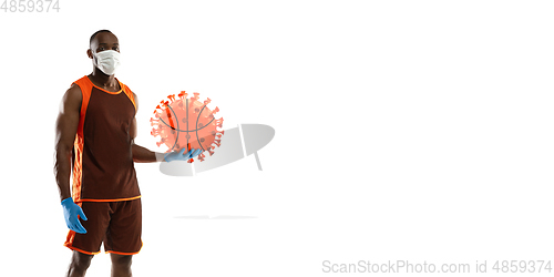 Image of Sportsman kicking, punching coronavirus, protection and treatment concept, flyer