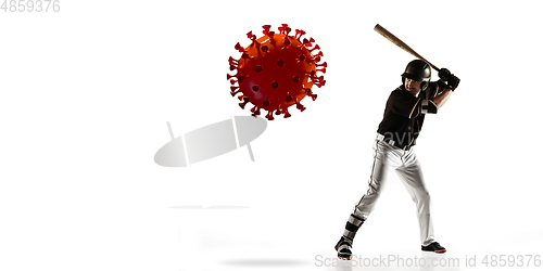 Image of Sportsman kicking, punching coronavirus, protection and treatment concept, flyer