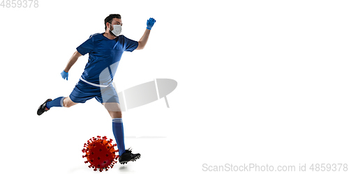 Image of Sportsman kicking, punching coronavirus, protection and treatment concept, flyer