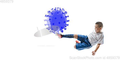 Image of Sportsman kicking, punching coronavirus, protection and treatment concept, flyer