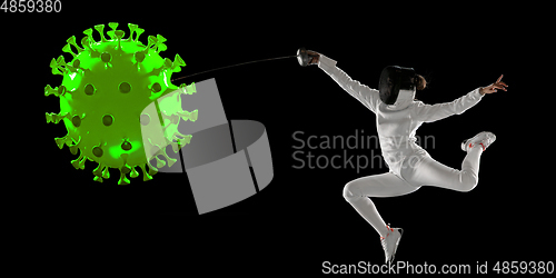 Image of Sportswoman kicking, punching coronavirus, protection and treatment concept, flyer