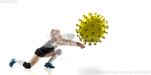 Image of Sportswoman kicking, punching coronavirus, protection and treatment concept, flyer