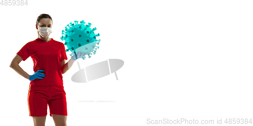 Image of Sportswoman kicking, punching coronavirus, protection and treatment concept, flyer