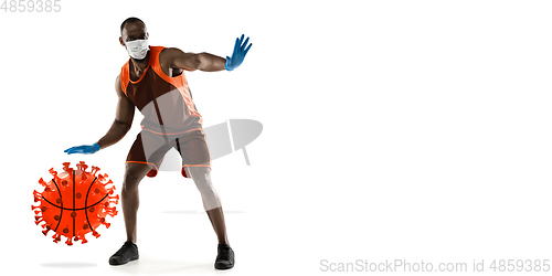 Image of Sportsman kicking, punching coronavirus, protection and treatment concept, flyer