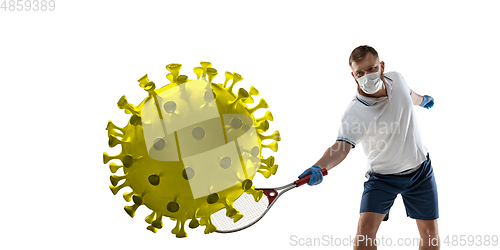 Image of Sportsman kicking, punching coronavirus, protection and treatment concept, flyer