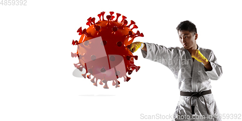 Image of Sportsman kicking, punching coronavirus, protection and treatment concept, flyer