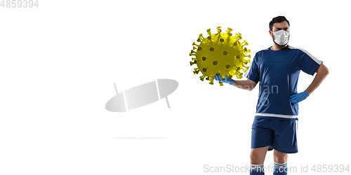 Image of Sportsman kicking, punching coronavirus, protection and treatment concept, flyer