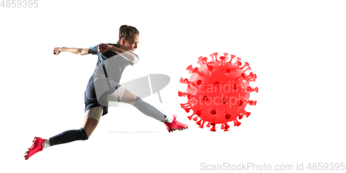 Image of Sportswoman kicking, punching coronavirus, protection and treatment concept, flyer