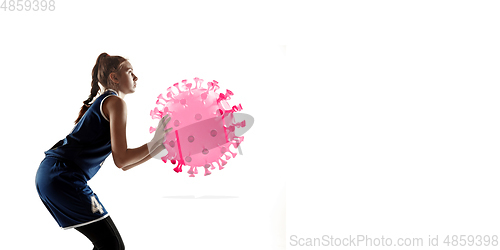 Image of Sportswoman kicking, punching coronavirus, protection and treatment concept, flyer