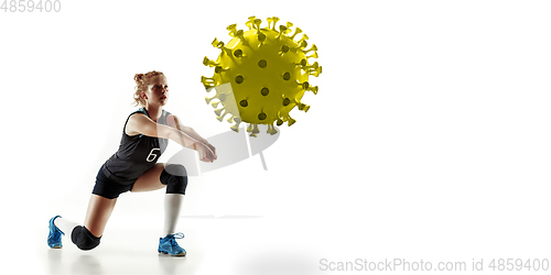 Image of Sportswoman kicking, punching coronavirus, protection and treatment concept, flyer