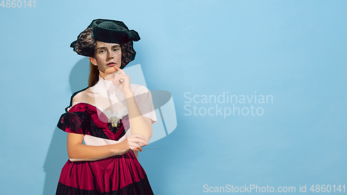 Image of Magazine style collage with model outfit mixed of different eras. Copyspace.