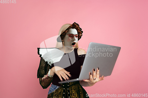 Image of Magazine style collage with model outfit mixed of different eras. Copyspace.