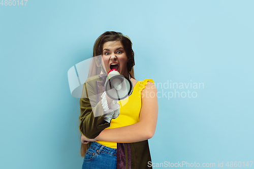 Image of Magazine style collage with model outfit mixed of different eras. Copyspace.