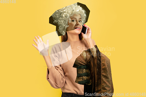 Image of Magazine style collage with model outfit mixed of different eras. Copyspace.
