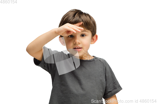 Image of Happy caucasian little boy isolated on white studio background. Looks happy, cheerful, sincere. Copyspace. Childhood, education, emotions concept