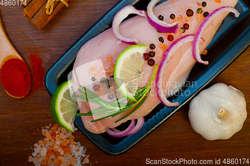 Image of fresh organic chicken breast with herbs and spices