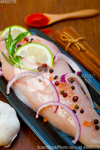Image of fresh organic chicken breast with herbs and spices
