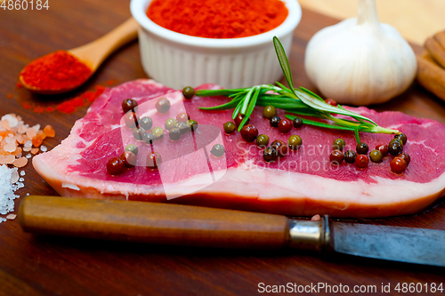 Image of raw uncooked  ribeye beef steak butcher selection