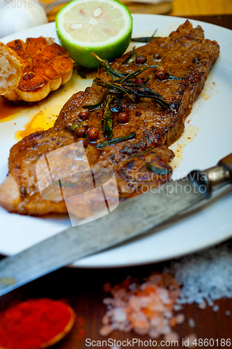 Image of roasted grilled ribeye beef steak butcher selection