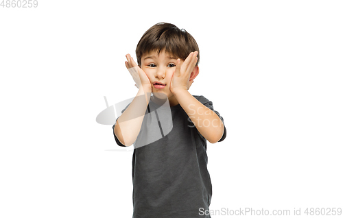 Image of Happy caucasian little boy isolated on white studio background. Looks happy, cheerful, sincere. Copyspace. Childhood, education, emotions concept