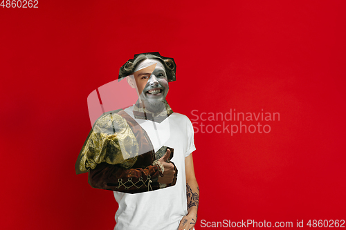 Image of Magazine style collage with model outfit mixed of different eras. Copyspace.