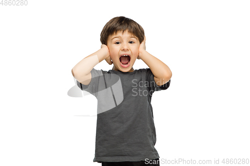 Image of Happy caucasian little boy isolated on white studio background. Looks happy, cheerful, sincere. Copyspace. Childhood, education, emotions concept