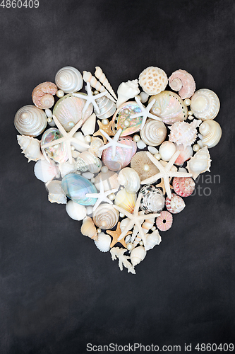 Image of Valentine Heart Shape Seashell and Pearl Composition