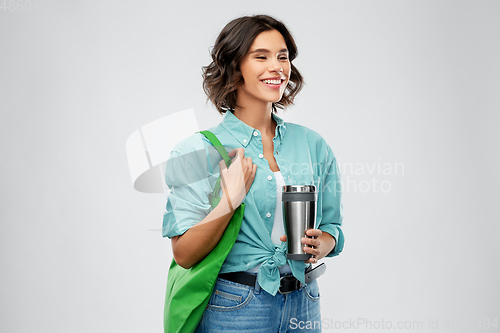 Image of woman with bag for food shopping and tumbler