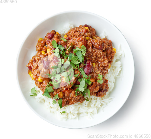 Image of plate of rice and chili con carne