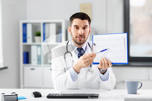 Image of doctor with cardiogram having video call at clinic