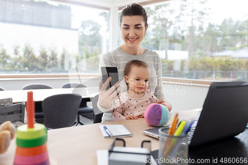 Image of mother with baby and phone working at home office