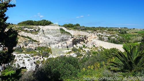 Image of Victoria lines fortifications unofficially called the Great Wall of Malta