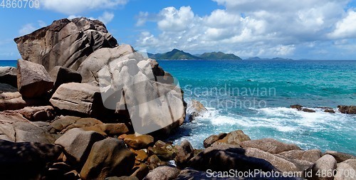 Image of Scenic granite rocks and ocean at Anse Severe  beach on La Digue island, Seychelles