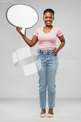 Image of happy african american woman holding speech bubble