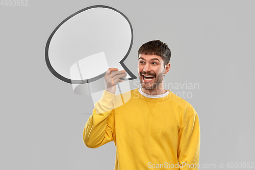 Image of happy man with speech bubble over grey background