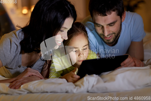 Image of family with tablet pc in bed at night at home