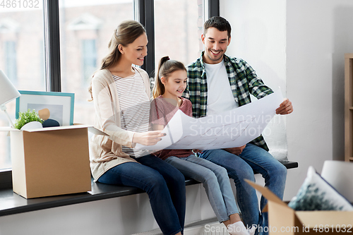 Image of happy family with blueprint moving to new home