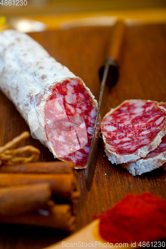 Image of traditional Italian salame cured sausage sliced on a wood board