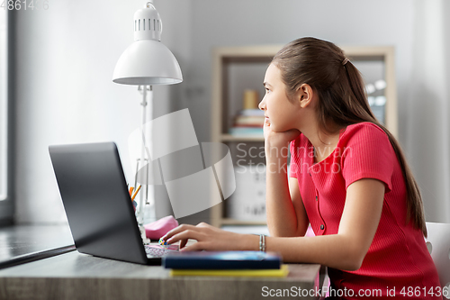 Image of student girl with laptop computer learning at home