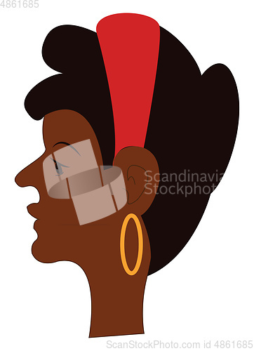 Image of Side face of a brown girl wearing gold earrings and a red head b