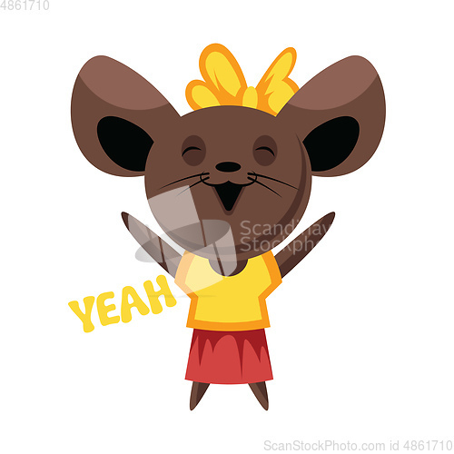 Image of Brown mouse with yellow bow spreading hands and saying Yeah vect