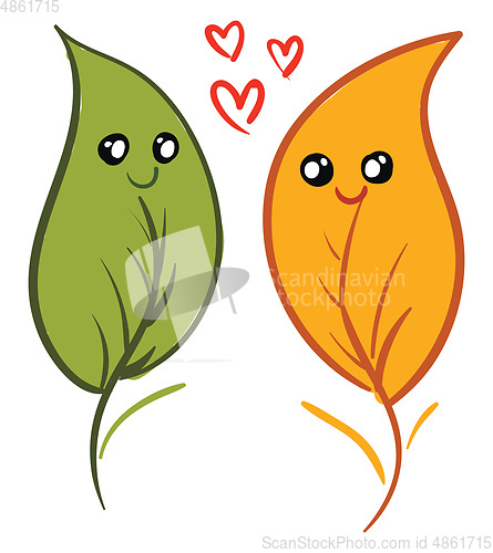 Image of Two smiling love leaves vector or color illustration