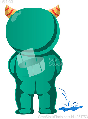 Image of Green monster with horns peeing vector illustration