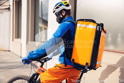 Image of Contacless delivery service during quarantine. Man delivers food and shopping bags during isolation