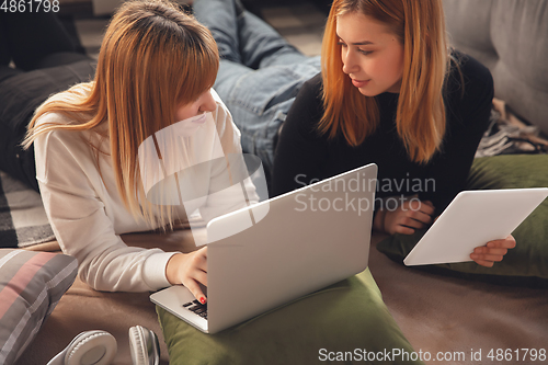 Image of Young friends, women using gadgets to watch cinema, photos, online courses, taking selfie or vlog, top view
