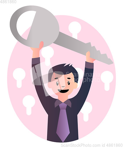 Image of Cartoon guy holds big key vector illustartion on white backgroun