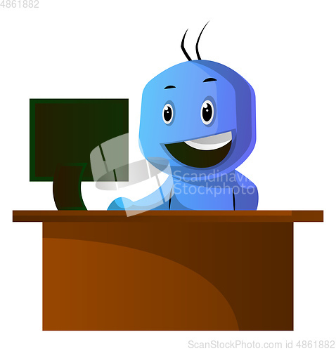 Image of Blue cartoon caracter sitting at the office desk illustration ve