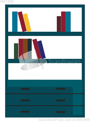 Image of A modern book shelf in blue color stacked with books and the las