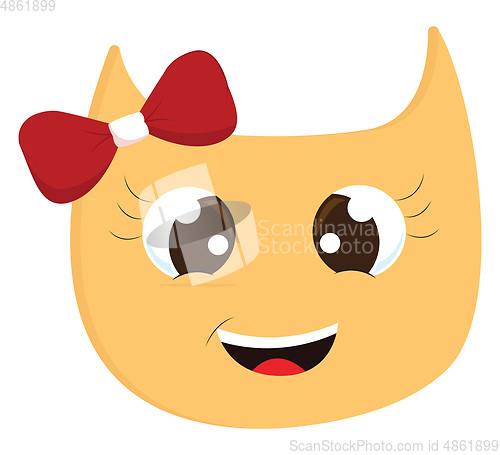 Image of Yellow smiling cat with red hair bow vector illustration on whit
